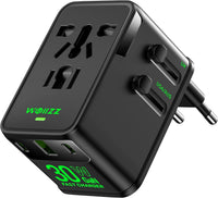 Wollz Travel Adapter, 30W GaN Fast Charging European Plug Adapter - Black